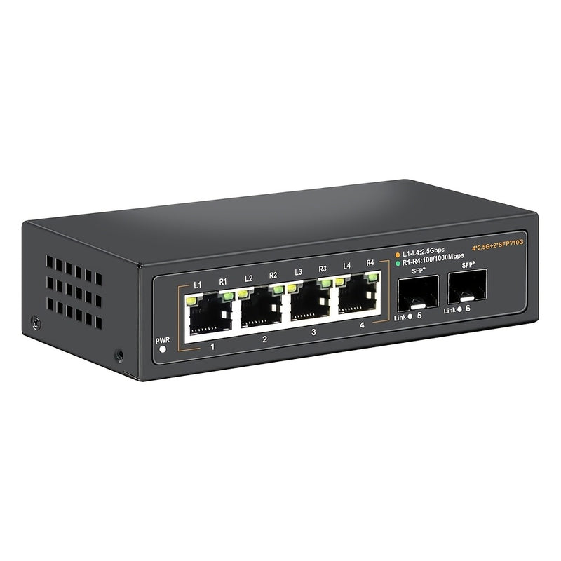 Conmutador Ethernet No Gestionado de 6 Puertos con 4* Portales Base-T de 2.5G y 2* Puertos SFP+ de 10G, Conmutador de Red de 2.5Gbps para NAS/PC de 2.5Gbps, Router WiFi6, Plug and Play