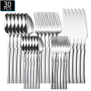 30 piezas de cubertería de acero inoxidable que incluye cuchillo de cena, tenedor, cuchara, tenedor de postre, cuchara de postre y cuchara de café para uso en el hogar y en restaurantes.