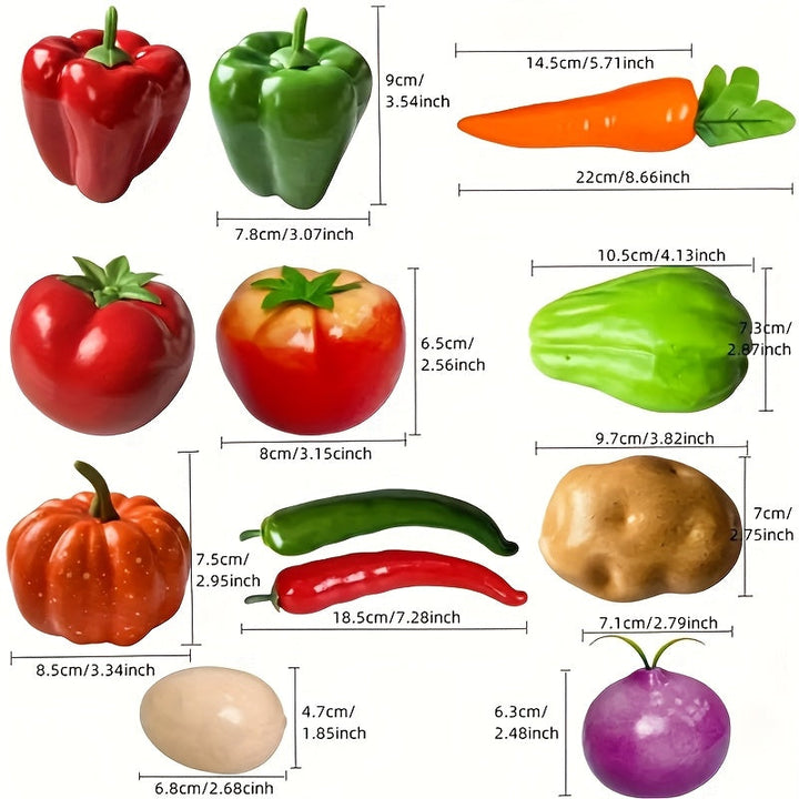 Conjunto de 12 piezas de frutas y verduras realistas, adecuado para decoración del hogar - incluyendo tomates, pepinos, pimientos, etc. - perfecto para exhibir en mesas de comedor, armarios y restaurantes