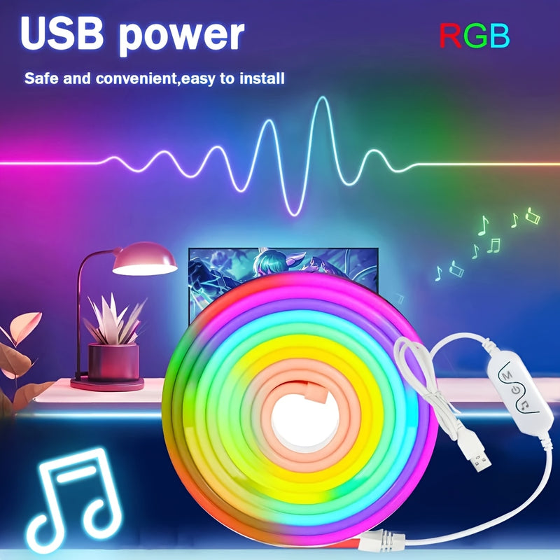 Luces de neón alimentadas por USB, controlado con botones, tira de luz RGB, personalizable, modo musical que cambia según el ritmo, ideal para fiestas o relajación