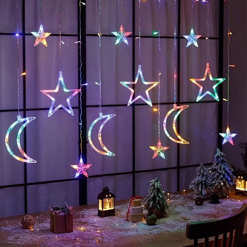1pc Luces de Cortina LED con Estrellas y Luna - Sin Pilas Necesarias, Perfectas para Ramadán, Bodas, Cumpleaños, Graduaciones, Fiestas, Navidad, Halloween, Decoración del Día de la Independencia | Temática Nocturna Romántica | Adorno Lunar