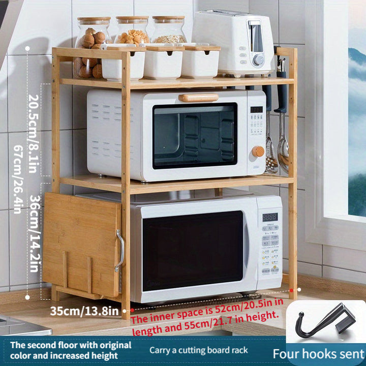 Un estante protector de bambú para hornos microondas y horno, un conjunto de almacenamiento que ahorra espacio para tarros de condimentos de cocina, una combinación de estantes de almacenamiento y un organizador multifuncional para salones y dormitorios