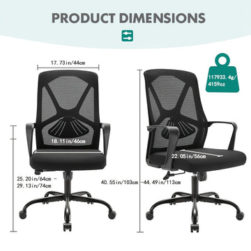Silla de oficina ergonómica negra, silla de escritorio de computadora para el hogar cómoda con soporte de arco, reclinable manual, giratoria, rellena de esponja, tapizada, construcción de madera dura y tablero de partículas, no requiere electricidad