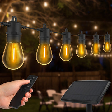 AVANLO 15.0 metros/8.99 metros de luces de cuerda solares para exteriores con control remoto - Bombillas LED S14 regulables, iluminación continua de 12 horas, diseño anticaída para jardines, cafeterías, calles, festivales y espacios públicos, luces solar