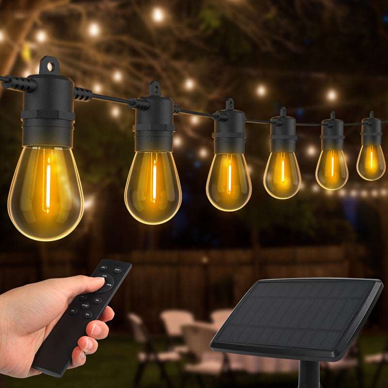AVANLO 15.0 metros/8.99 metros de luces de cuerda solares para exteriores con control remoto - Bombillas LED S14 regulables, iluminación continua de 12 horas, diseño anticaída para jardines, cafeterías, calles, festivales y espacios públicos, luces solar