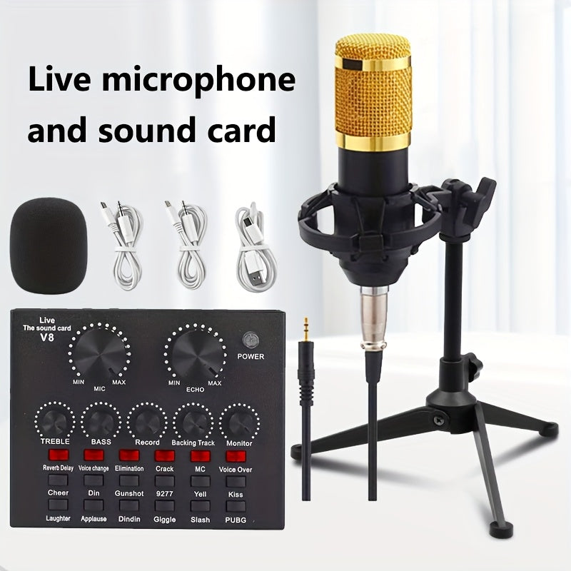 Paquete de equipo de podcasting de escritorio V8 con interfaz de audio y tarjeta de sonido en vivo integrada, y micrófono condensador BM800. Micrófono de podcasting adecuado para grabación, transmisión y streaming en vivo.