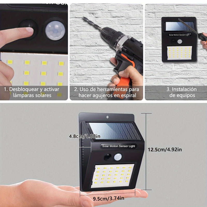 4 luces solares para pared exterior, con sensor de movimiento para jardín, escaleras y caminos, incluye hardware de instalación, montaje semiempotrado, control de interruptor, material plástico, energía solar con batería de litio, iluminación para camino