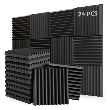 24 piezas de paneles acústicos de espuma negra de alta densidad, 30.48x30.48x2.54 cm, retardantes de llama, absorbentes de sonido, reducen el ruido y se recuperan rápidamente, ideales para decoración de paredes en oficinas en casa, estudios y habitacione