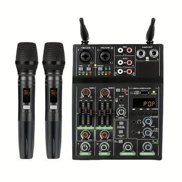 Mezclador de Audio Profesional de 4 Canales con Sistema de Micrófono Inalámbrico UHF para Escenario, Karaoke y Actuaciones En Vivo – Alimentado por USB, Construcción de Aleación, Negro, Incluye 2 Micrófonos y Fuente de Alimentación Fantasma, Accesorios p