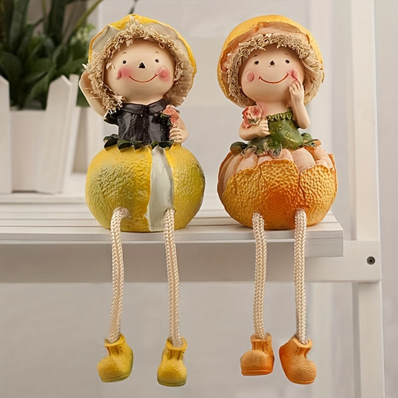2 piezas de Muñecas de Frutas Caprichosas - Naranja y Limón Adorables Decoración de Escritorio con Sombreros de Paja y Vestidos, Perfectas para Pascua, Habitación, Jardín o Balcón, Accesorio Festivo para el Hogar | Diseño Juguetón | Resina Duradera
