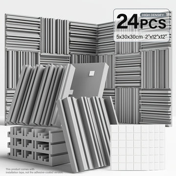 24 piezas de paneles de espuma acústica de alta densidad - 10x10x2/12x12x2 pulgadas, paneles de aislamiento acústico negros y blancos con adhesivo de doble cara para estudio, cine en casa, KTV - Instalación fácil, reducción de ruido, paneles de aislamien