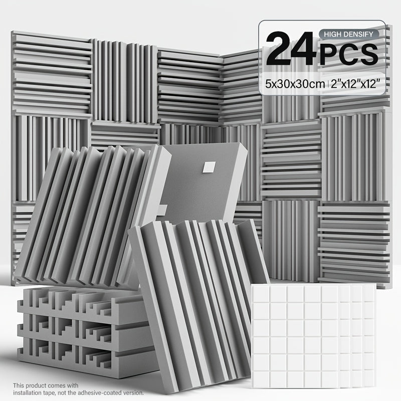 24 piezas de paneles de espuma acústica de alta densidad - 10x10x2/12x12x2 pulgadas, paneles de aislamiento acústico negros y blancos con adhesivo de doble cara para estudio, cine en casa, KTV - Instalación fácil, reducción de ruido, paneles de aislamien