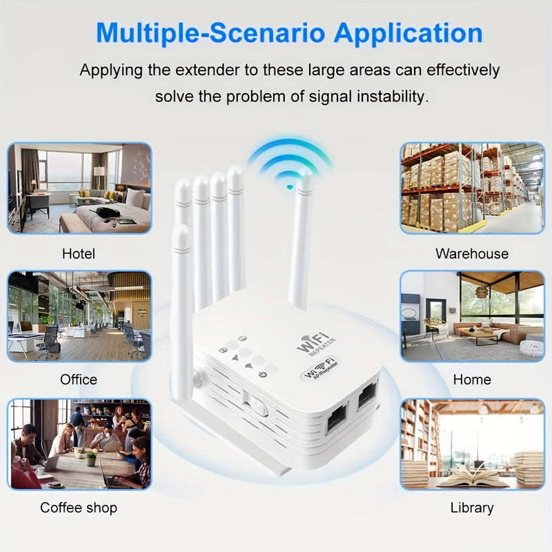 [2D Plano] Amplificador de señal WiFi, Repetidor WiFi, Compatible con WIFI6, Equipado con un puerto Ethernet, Con 6 antenas para cobertura de 360°, Alcanzando hasta 11,000 pies cuadrados, Adecuado para más de 35 dispositivos, Y puede configurarse con sol