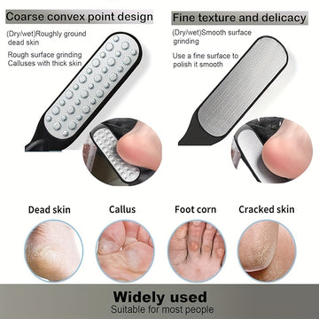 TATUKIKO Lijadora de pies de acero inoxidable de doble cara - Mango de plástico antideslizante portátil para luz muerta beige y eliminación, uso doméstico, herramienta de cuidado de pies, diseño ergonómico, construcción duradera