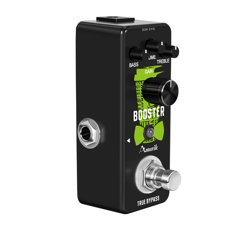 Amplificador de efecto de guitarra Amuzik Mini Booster, aleación de aluminio negro, verdadero aumento de ganancia, señal analógica, control de perilla, cableado, ≤36V, no requiere batería