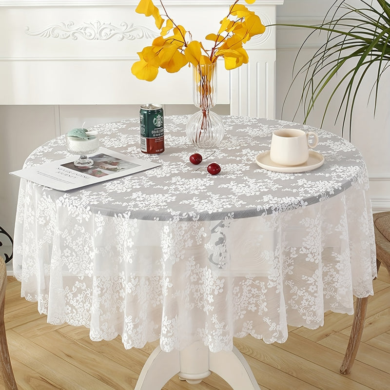 1pc Mantel Redondo de Encaje Blanco Hecho a Mano con Flores - Decoración Navideña para Cocina y Comedor, Tela de Poliéster Duradera con Patrón Floral Intrincado para Reuniones Festivas, Mantel de Navidad, Artesanía Tradicional
