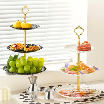 2 piezas de Expositores de Postres de Plástico de Estilo Europeo de 3 Niveles, Bandejas de Servicio de Pasteles y Repostería Seguras para Alimentos con Bordes Festoneados para Bodas, Cumpleaños, Fiestas de Té y Reuniones Festivas - Decoraciones Elegantes