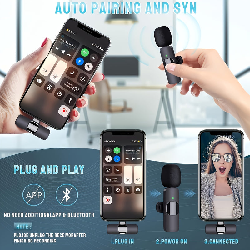 Microfono sin varillas Lavalier Profesional, Compatible con iPhone iPad Cargador Tipo-C - 2 Piezas Plug-and-Play para Grabación y Entrevistas, Reducción de Ruido Automática, Mini Micrófono Clip-On con Estuche de Carga, Compatibilidad con Laptop