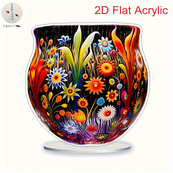Jarrón Acrílico Plano Estilo Bohemio 2D - Decoración de Escritorio con Flores Vibrantes para Hogar y Oficina, Regalo de Navidad, Sin Necesidad de Electricidad, Decoración Bohemia, Adorno de Escritorio, Artesanía Artística, Diseño Colorido