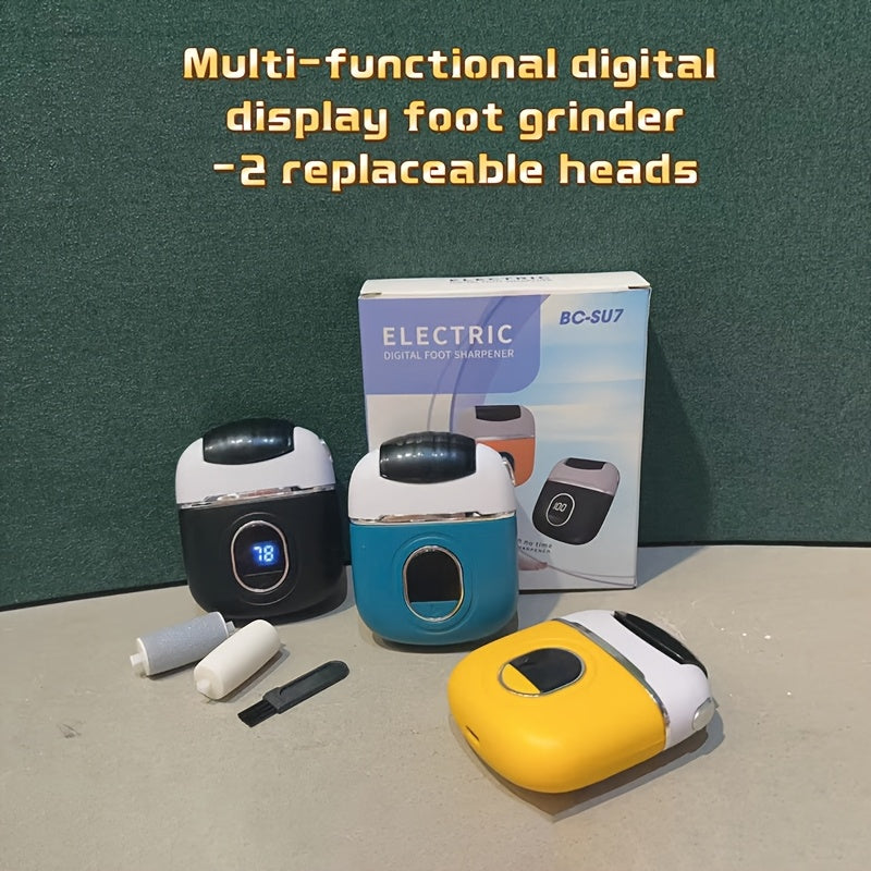 Un exfoliador eléctrico recargable para pies diseñado para secar y resecar la piel, con tres cabezas de molienda de repuesto, dos ajustes de velocidad, carga USB portátil, adecuado para el cuidado de pies y manos.