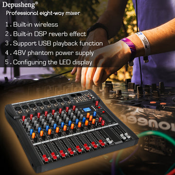 Mezclador de audio profesional DEPUSHENG de 6/8/12 canales - Negro, encendido, 110V-130V, estándar estadounidense, con USB, XLR, alimentación fantasma y entradas/salidas RCA para DJs, estudios y bares