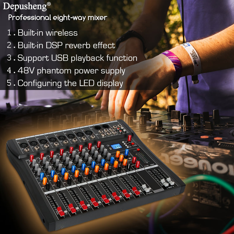 Mezclador de audio profesional DEPUSHENG de 6/8/12 canales - Negro, encendido, 110V-130V, estándar estadounidense, con USB, XLR, alimentación fantasma y entradas/salidas RCA para DJs, estudios y bares