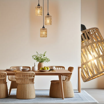 Candelabro de 3 luces estilo bohemio - Sombrilla de ratán tejida a mano, base E27, perfecto para comedor de granja, isla de cocina, sala de estar y decoración de dormitorio (luz no incluida) - Montaje semienterrado, montaje regular