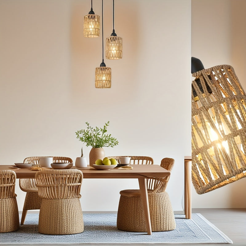Candelabro de 3 luces estilo bohemio - Sombrilla de ratán tejida a mano, base E27, perfecto para comedor de granja, isla de cocina, sala de estar y decoración de dormitorio (luz no incluida) - Montaje semienterrado, montaje regular