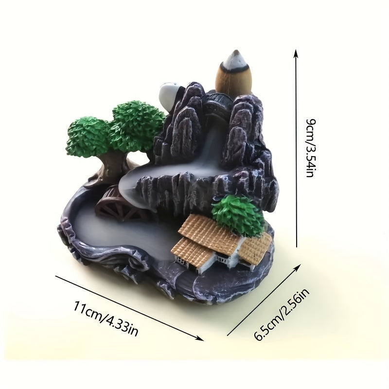 1pc Quemador de Incienso Cascada Serena - Resina y Cerámica Artesanal, Diseño de Arquitectura Tradicional China con Función de Emisión de Humo para Yoga y Relajación en Casa, Regalo Ideal, Soporte para Quemador de Incienso