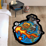 1 alfombra redonda inspirada en el hip hop - Diseño de personajes de dibujos animados vibrantes con llamas, estrellas y motivos de la Tierra, alfombra de poliéster negro y azul para dormitorio o sala de estar, alfombra de área para interiores | Acento de