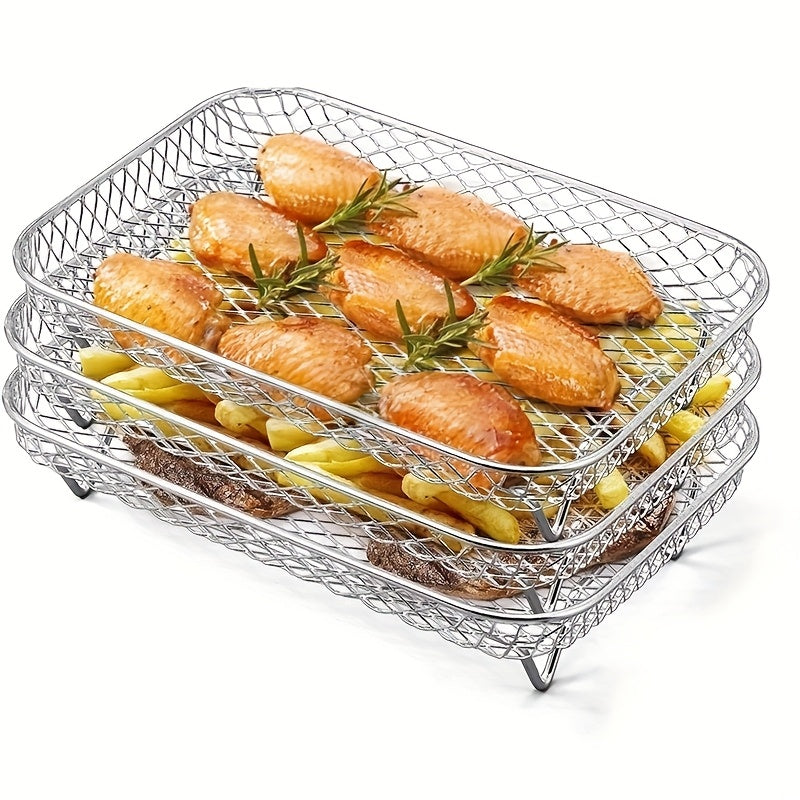 Rejilla de Deshidratación Apilable de 3 Niveles para Freidora de Aire de Acero Inoxidable 304 - Bandeja Multi-Nivel Resistente con Distribución Uniforme del Calor para Hornear, Asar y Rostizar - Accesorio de Cocina que Ahorra Espacio, Rejilla de Parrilla