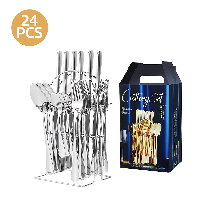 Juego de 24 piezas de cubiertos con colgador, incluye cuchillos, tenedores, cucharas, cucharitas y colgador, vajilla ideal para cenas familiares y reuniones, apto para lavavajillas