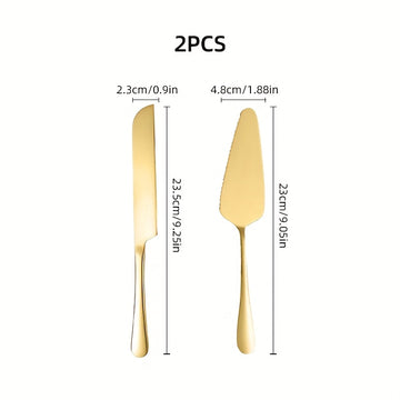Juego de 2 cuchillos para pastel y pala para pizza de acero inoxidable dorado - Ideal para cumpleaños, bodas, fiestas y ocasiones especiales, perfecto para servir postres y pizzas, utensilios para ocasiones especiales | Vajilla elegante | Cubiertos durad