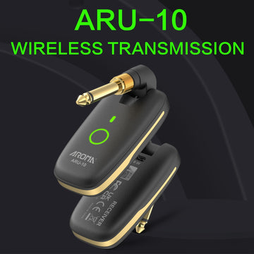 AROMA ARU-10 Transmisor-Receptor sin varillas UHF 863~865MHz de 7 Canales con Uso Simultáneo Múltiple, Compatible con Transmisión Única y Recepciones Múltiples, Conectores Giratorios para Bajo Eléctrico, Batería y Teclados – Solo para Uso Europeo