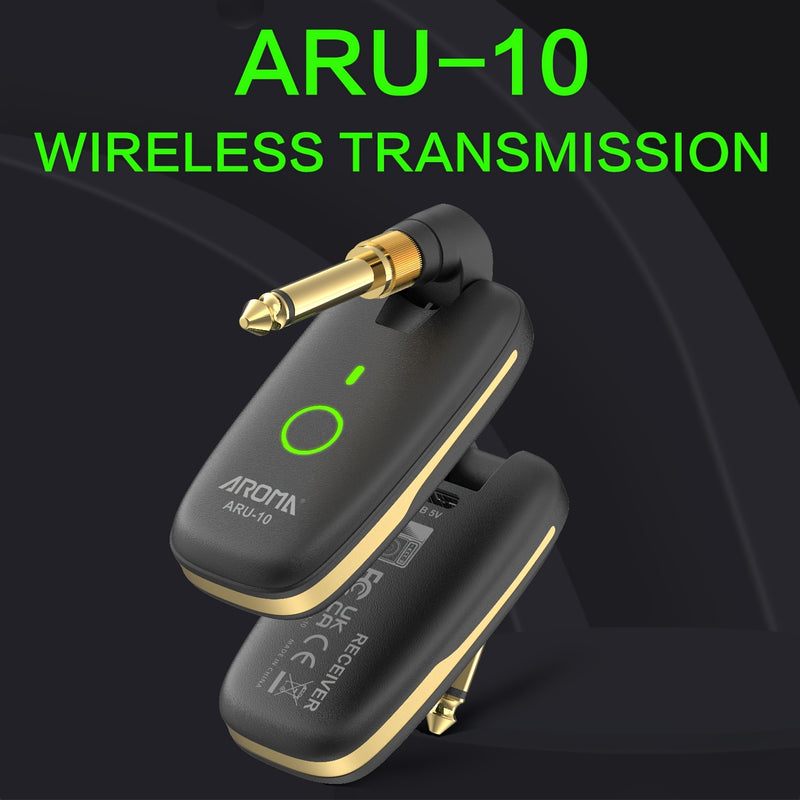 AROMA ARU-10 Transmisor-Receptor sin varillas UHF 863~865MHz de 7 Canales con Uso Simultáneo Múltiple, Compatible con Transmisión Única y Recepciones Múltiples, Conectores Giratorios para Bajo Eléctrico, Batería y Teclados – Solo para Uso Europeo