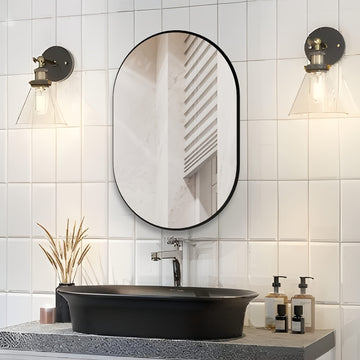 Espejo ovalado para baño de 60x40 cm, montado en la pared, marco de aluminio espacial, acabado cepillado, sin electricidad, espejo decorativo elegante para ducha y maquillaje, fácil instalación en superficies de vidrio - dorado/negro