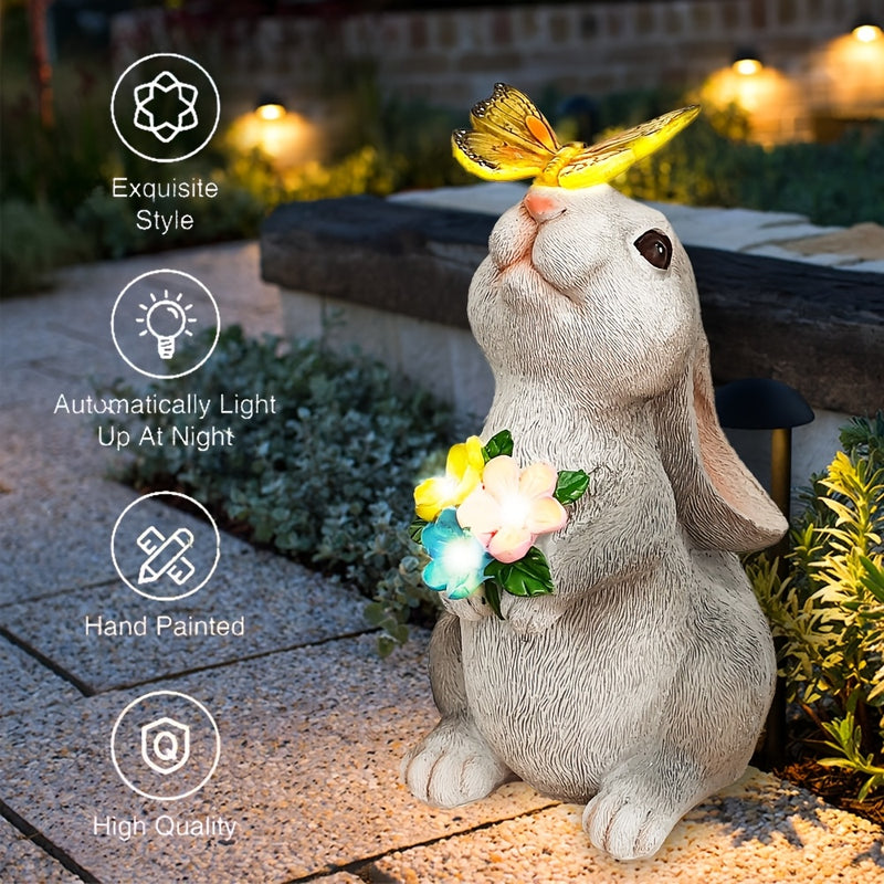 Conejo solar con luces de mariposa, estatua para exterior - Conejo de resina pintado a mano, luz nocturna automática, ideal para jardín, patio o terraza - Regalo perfecto para mamá o abuela, iluminación exterior|Arte de jardín caprichoso|Detalles realist