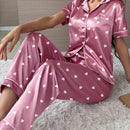 Pijama de manga corta con cuello estampado de corazones y pantalón largo, conjunto para estar en casa