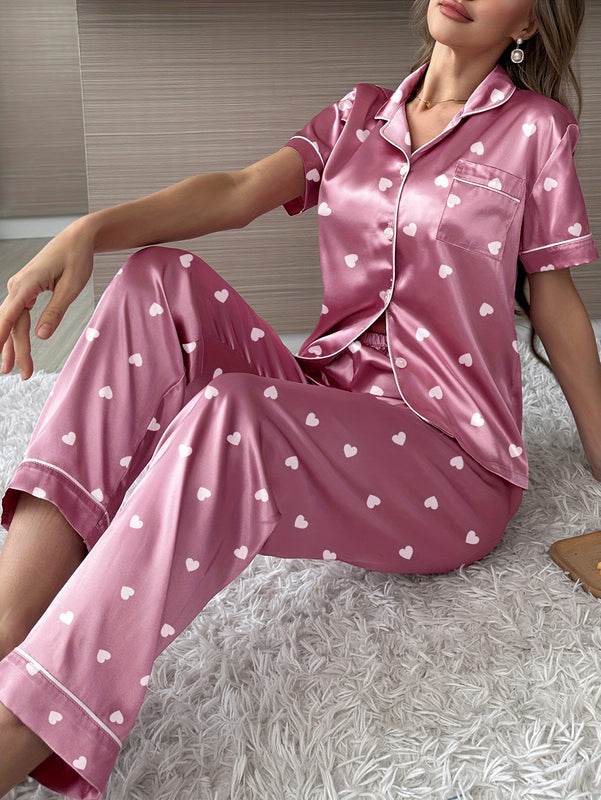 Pijama de manga corta con cuello estampado de corazones y pantalón largo, conjunto para estar en casa