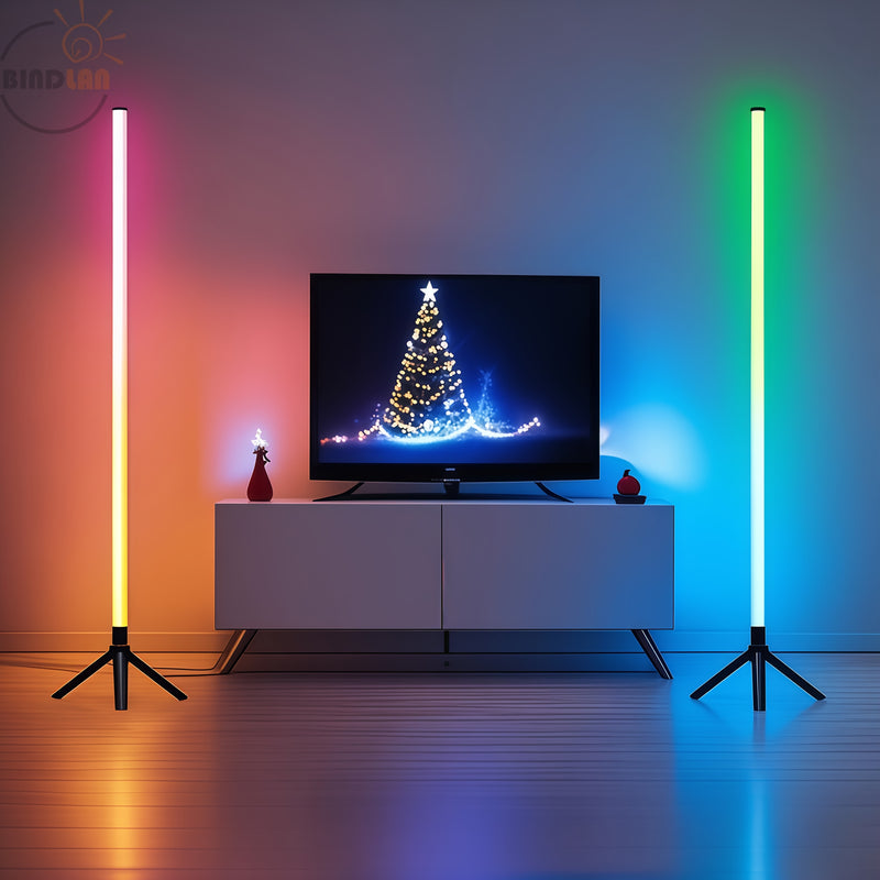 Lámpara de suelo inteligente RGB LED de esquina BINDLAN, lámpara de plástico independiente con control remoto + cable USB, inalámbrica, ideal para decoración de sala de estar, decoración de sala de estar | Decoración moderna | Lámpara alimentada por USB,