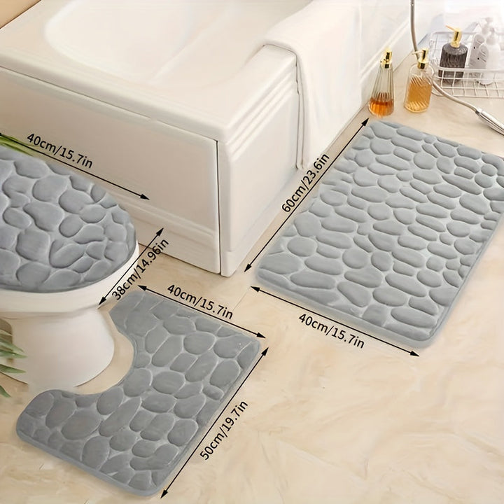 Juego de 3 alfombras de baño de espuma con memoria con relieve de piedras de lujo, súper absorbentes, antideslizantes y suaves, ideales para baño, cocina, dormitorio o lavandería, esenciales para el hogar