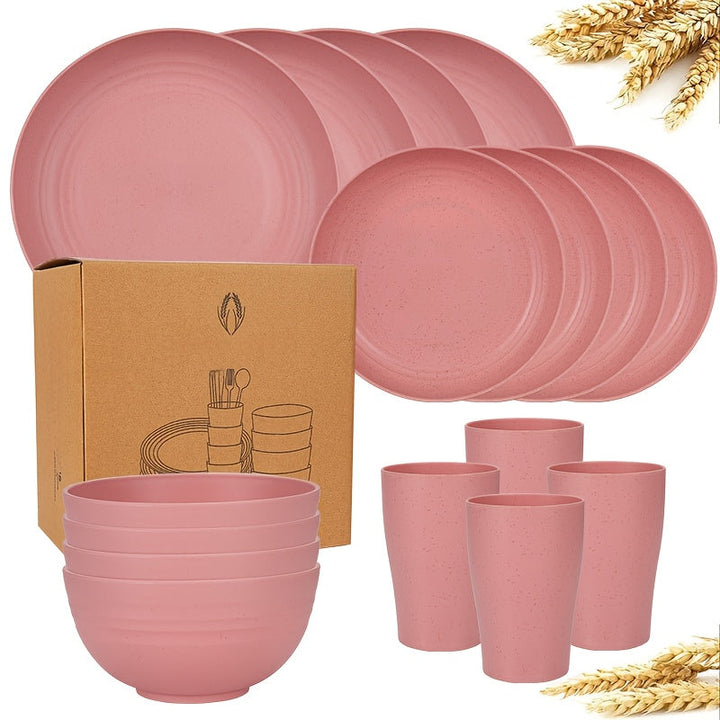 Juego de vajilla premium de paja de trigo, 16 piezas irrompibles, apto para microondas y lavavajillas, set negro con 8 platos, 4 tazones y 4 tazas