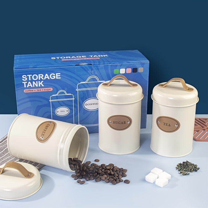 Conjunto de 3 piezas: lata de café blanca, lata de aperitivos para cocina, caja de dulces, tetera, arte de hierro galvanizado para recibir caja de hierro