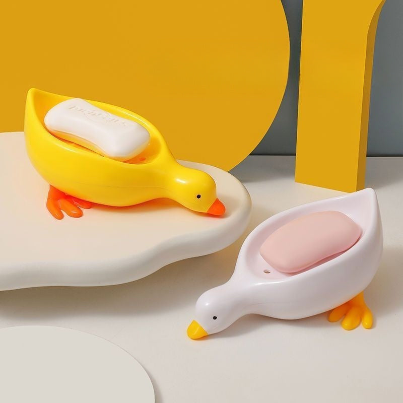 1pc Jabonera con Forma de Pato y Bandeja Ovalada Autodrenante - Accesorio para Baño Blanco y Amarillo, Plástico Duradero para Secado Rápido del Jabón y Soporte para Barras, Organizador Decorativo de Baño, Diseño Divertido | Diseño Efectivo de Drenaje