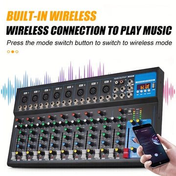 Consola de mezcla profesional NXG de 10 canales con reproducción USB, construcción de aleación, fuente de alimentación operada 110-130V, enchufe estadounidense, mezclador de DJ para presentaciones en escenarios con 99 efectos de reverberación incorporado