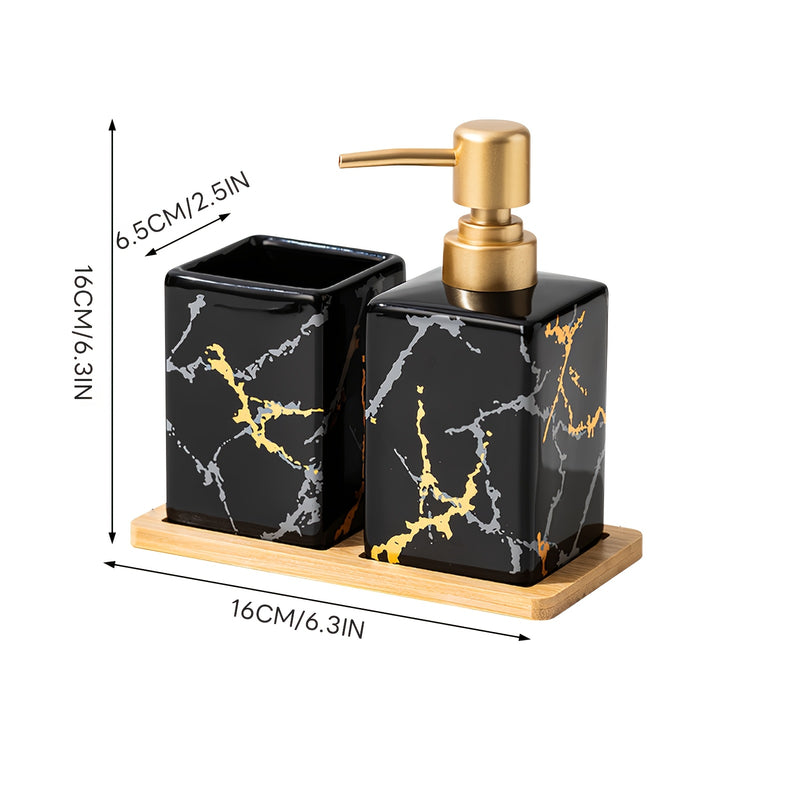 3 piezas de dispensador de jabón de mano de cerámica con patrón de mármol con bandeja de bambú - Negro y dorado, diseño independiente para encimera de baño, ideal para almacenamiento de loción y jabón, organizadores y almacenamiento de baño.