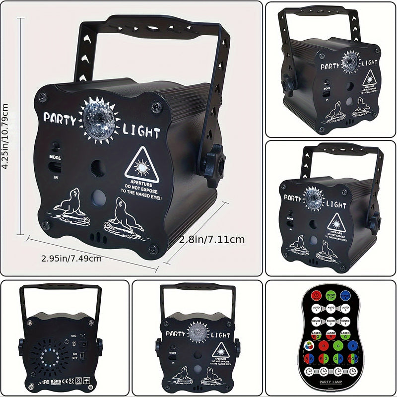 Proyector láser LIANZE RGB activado por sonido con mando a distancia, bola de luz de aluminio de aleación de aluminio pulido negro, fuente LED, alimentado por USB, <0,4 mW láser, con batería de botón no recargable, para fiestas, clubes, cumpleaños, karao