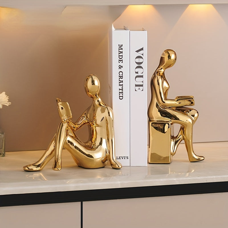 Elegantes sujetalibros abstractos en tono dorado minimalista: Ideal para decorar la oficina en casa o la sala de estar