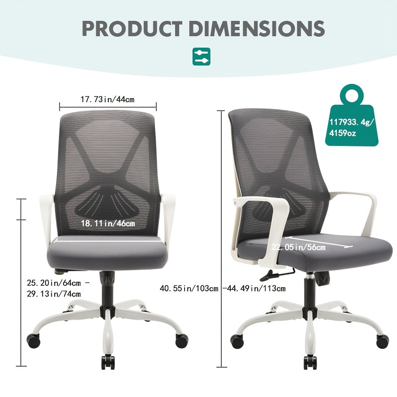 Silla de oficina ergonómica blanca, modelo 919, soporte lumbar cómodo, altura ajustable, reclinable manual, marco de madera dura, relleno de esponja, asiento tapizado, silla de escritorio giratoria para uso en el hogar y la oficina.