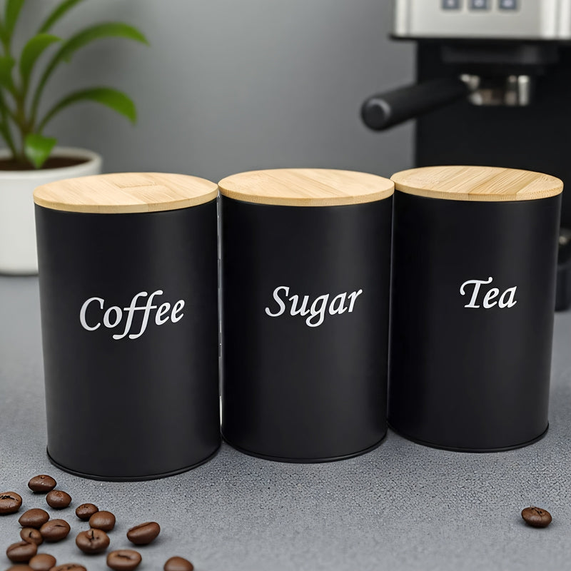 Juego de tres piezas de tarro redondo metálico con tapa, caja multiusos para té, café y azúcar, organizador reutilizable no eléctrico, ideal para cocina, sala o oficina